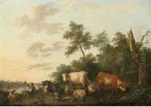 A Landscape With Shepherds And Their Herd Resting Near A River; An Italianate Landscape With Shepherds And A Child Resting Together With Their Herd by Franciscus Xaverius Xavery