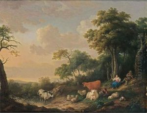A Wooded Landscape With A Shepherd Playing A Flute And A Shepherdess Spinning Under A Tree, Their Herd Resting In The Foreground by Franciscus Xaverius Xavery