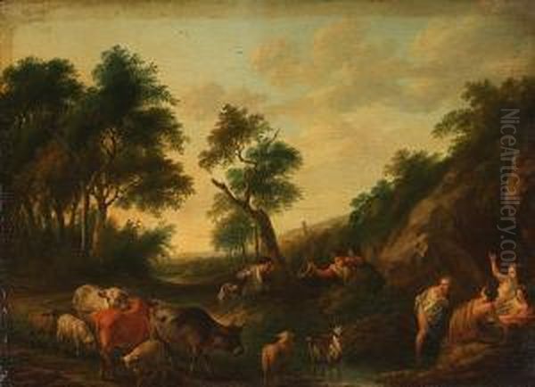An Italianate Landscape With Shepherds Surprising Nymphs Bathing At A Stream - view 1