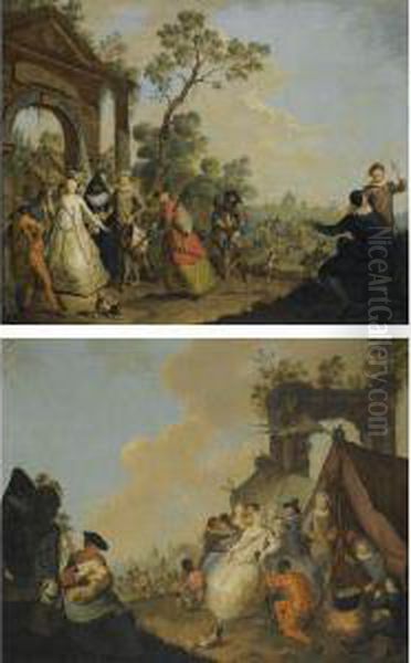 A Troupe Of Commedia Dell'arte Figures After The Hunt; 
Commedia Dell'arte Figures In A Camp - view 1