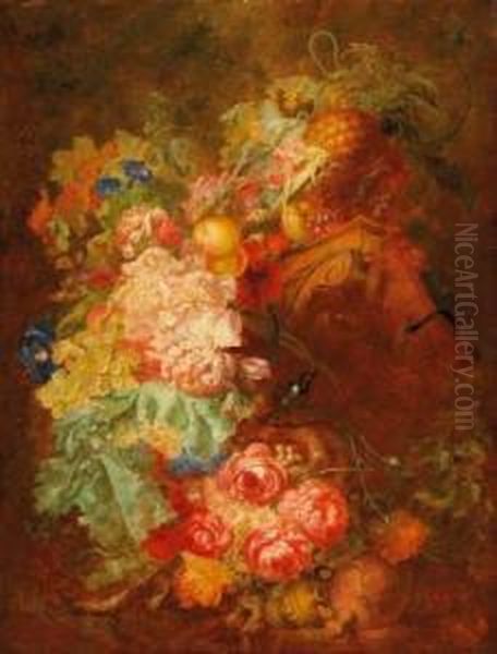 Large Still Life With Roses, Grapes And Apples And An Ancient Capital - view 1