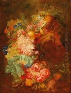 Large Still Life With Roses, Grapes And Apples And An Ancient Capital by Jacob Xavery