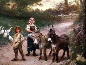 Peasant Children with Donkeys by Edgar Bundy