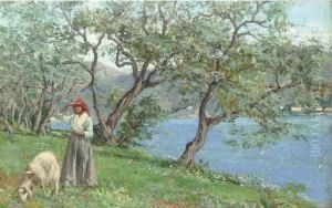 A Shepherdess By The Edge Of An Italian Lake by Ettore Ximenes
