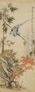 A Bluebird On A Bamboo Branch With Chrysanthemum A Bluebird On A Bamboo Branch With Chrysanthemum