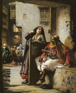 Almeh Flirting With An Armenian Policeman Cairo by Frederick Arthur Bridgman