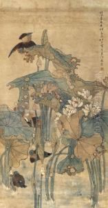 Mandar Duck In Lotus Pond. by Ren Xun
