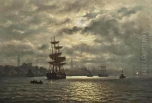 Hamburg Harbour Under The Moon by Wilhelm Ferdinand Xylander