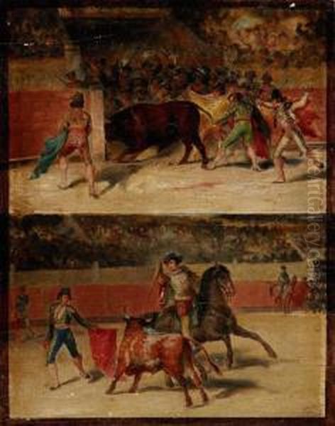 Segunda Corrida, Primer Toro. A La Que Los Alabarderos Y Son Arrollados Milagroso Rompe Algunas Alabardas Y La Ropa Alguno De Ellos, Felipe Garnia Colea Al Toro - view 1
