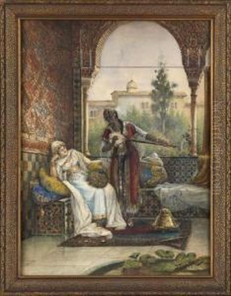 Orientalist Interior Scenewith An Attendant Playing A Setar For A Harem Beauty - view 1