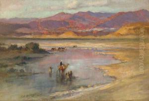 Crossing an Oasis, with the Atlas Mountains in the Distance, Morocco