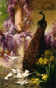 A Peacock and Doves in a Garden by Eugene Bidau