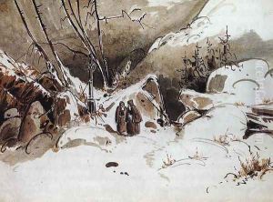 Alpine Pass in Winter with Monks by Karl Blechen