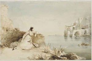 Italian Girl with Mandolin on the Coast of the Gulf of Naples by Karl Blechen