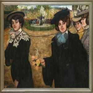 Elegantly Dressed Women On A Square by J. Yamino
