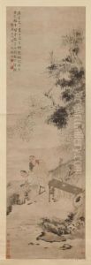 Four Figures In A Yard With Trees And Fence by Hua Yan