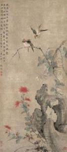 Red Chrysanthemums And Birds In Autumn by Hua Yan
