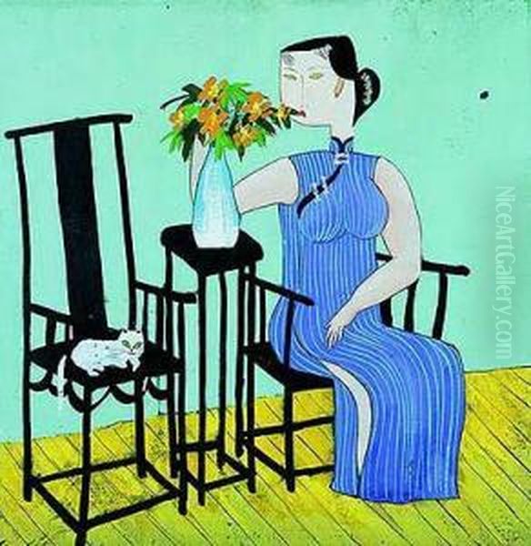 Dama China Con Gato - view 1