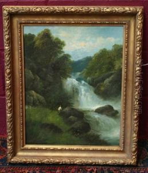 Angler Beside A Waterfall - view 1