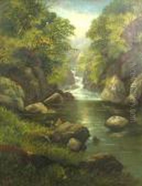 A Waterfall With Two Figures On A Rock In The Foreground - view 1