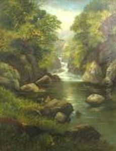 A Waterfall With Two Figures On A Rock In The Foreground by George B. Yarnold