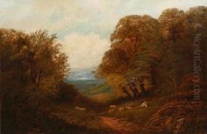 Shepherd And Dog Resting Beside A Grazing Sheep On A Country Lane