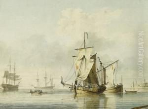 Vessels In A Calm Off Hurst Castle And Distant View Of The Needle Rocks by Lieutenant Thomas Yates