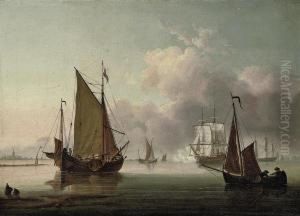 A Two-decker Firing A Morning Gun Amidst Other Shipping In Thethames Estuary by Lieutenant Thomas Yates