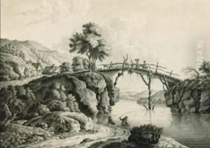 Herders With Cattle Crossing A Bridge With Anglers Below; Andfigures With A Horse And Cart Crossing A Bridge by Lieutenant Thomas Yates