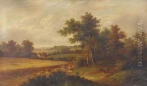 An Extensive Landscape With A Traveller On A Track Before A Cottage, A Cornfield And Harvesters Beyond by W. Yates