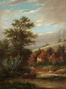 River Landscape With Figures Before A Cottage by W. Yates