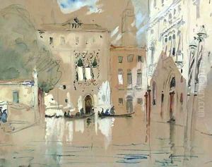 Figures disembarking on to the steps of a palazzo, Venice