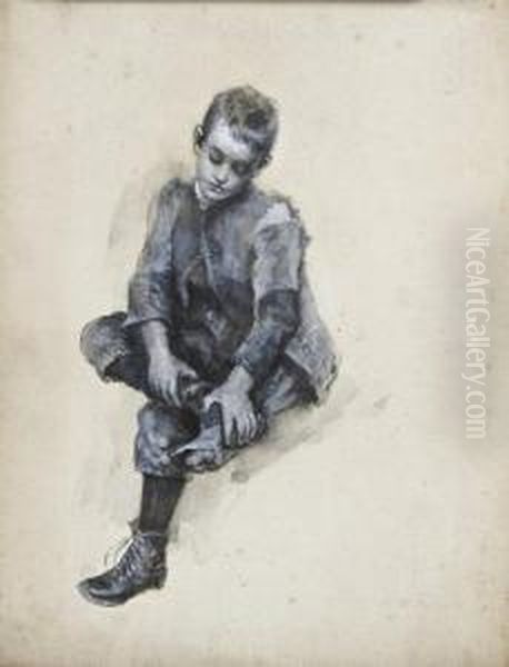 A Boy Pulling On His Boot - view 1
