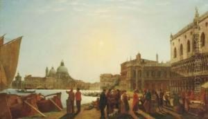 A Venetian View With Figures On A Quay by George Henry Yewell