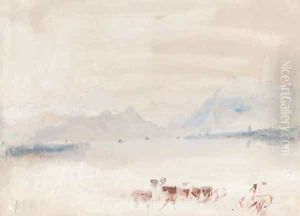 A Swiss lake with cattle by Hercules Brabazon Brabazon