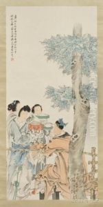 Depicting Three Women Giving Food To A Man by Ren Yi