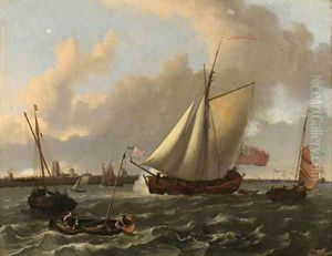 A British sloop and other shipping in a stiff breeze on the Maas by Dordrecht by Ludolf Backhuysen