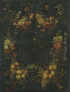 Portrait Of A Gentleman In Armour Surrounded By Festoons Of Fruitand Flowers