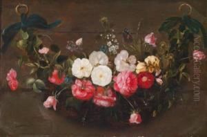 Ein Anblauen Samtschleifen Aufgehangtes Blumenfeston Mit Schmetterlingen