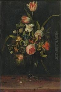 Still Life Of Roses, Tulips, Narcissus And Other Flowers In Aglass Vase by Frans Ykens