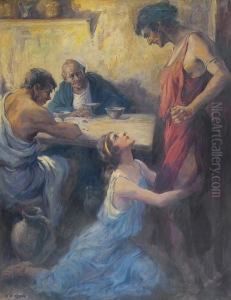Pompeian Woman Pleading With Man, Two Other Men Looking On. by Frederick Coffay Yohn