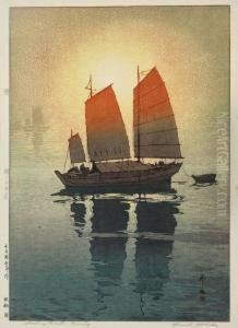 Sailing Boats-morning With Sun Rays Turning The Tops Of The Sails Orange by Hiroshi Yoshida