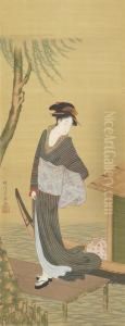 Beauty On A Boat Landing by Utagawa Yoshiharu