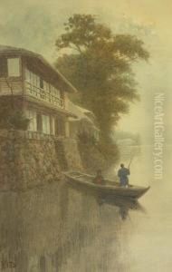 Lake Scene With Figures On A Boat by Ito Yoshihiko