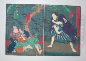 Dispute Nocturne Sous La Pluie by Nakai Utagawa Yoshitaki