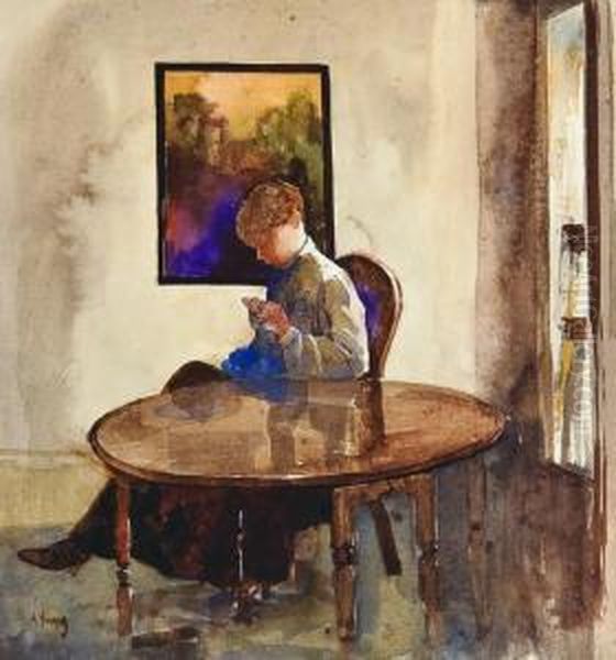 A Lady Sewing - view 1