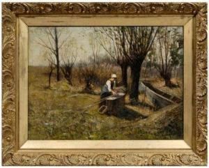 Woman Gathering Reeds In A Field Near A
Boat by Harvey Otis Young