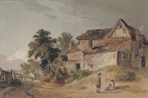 Figures By An Old Farmhouse At The Edge Of A Track by Tobias Young