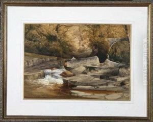 A Rocky River Scene With An Angler By A Waterfall by John Mallows Youngman