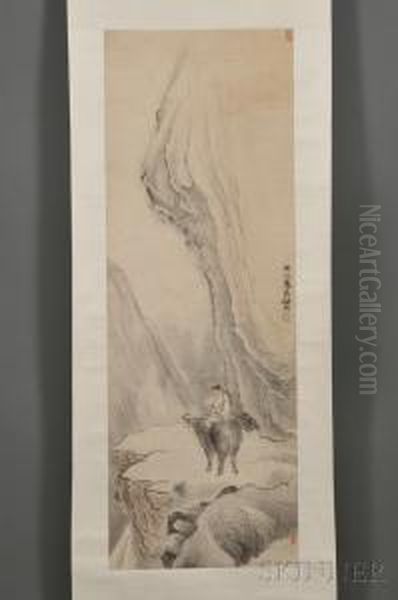 A Boy
Riding A Water Buffalo In A Landscape - view 1